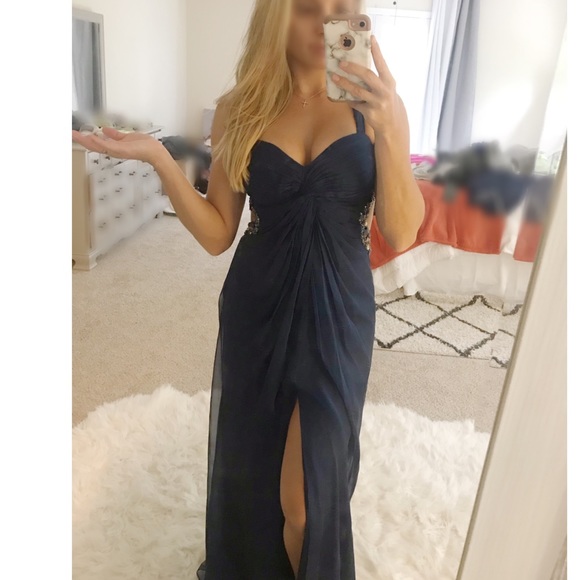 Shangrila Dresses San Antonio Dresses Navy Blue Chiffon Ballgown Low Back Beaded Nwt Poshmark